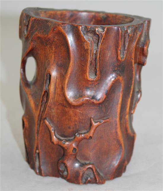 A Chinese huanghuali tree bough shaped brush pot, 18th / 19th century, 12.5cm